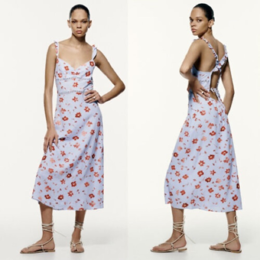 NWT ZARA BLUE FLORAL PRINT RUFFLED STRAPS LINEN BLEND MIDI DRESS